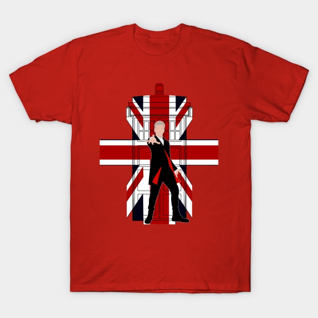 12th Doctor with Union jack Phone booth T-Shirt by Dezigner007